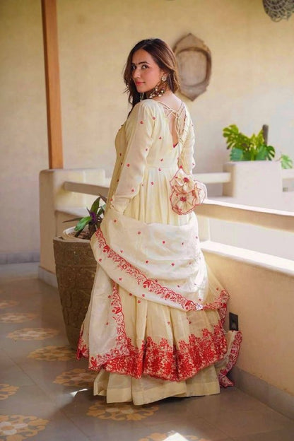 Pure Cosmos Silk Anarkali Sharara Set with Embroidered Dupatta
