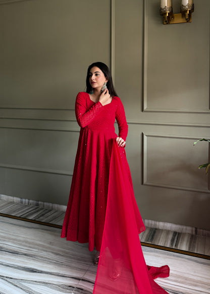 Heavy Fox Georgette Lucknowi Embroidered Anarkali Gown Set with Dupatta