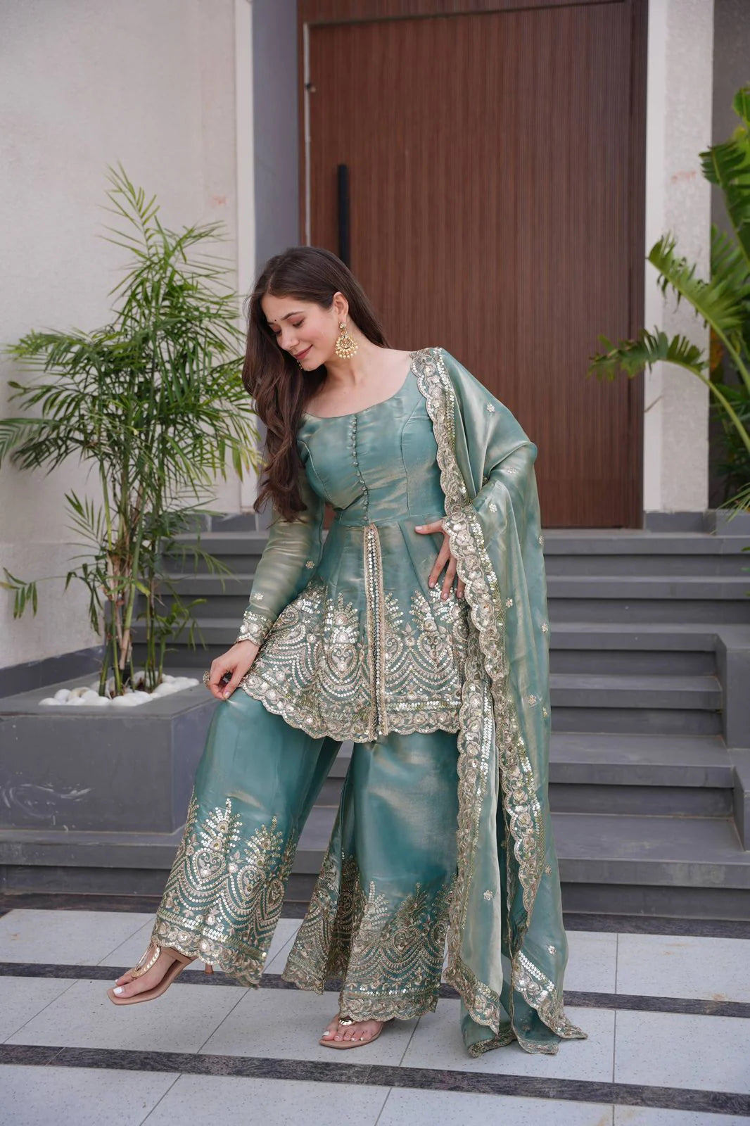 Designer Party Wear Two-Tone Fendy Satin Silk Gown Sharara Set with Heavy Embroidery, Real Mirror Work & Dupatta