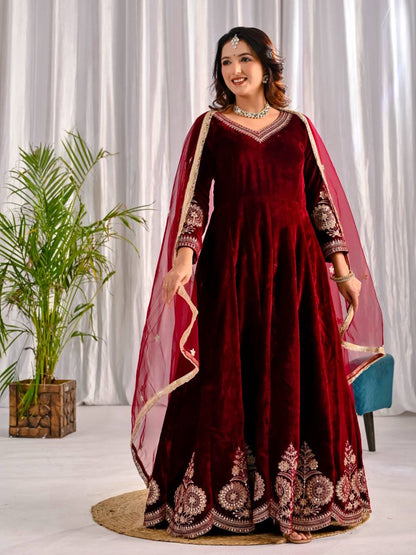 Royal Party Wear Velvet Anarkali Suit with Embroidered Net Dupatta