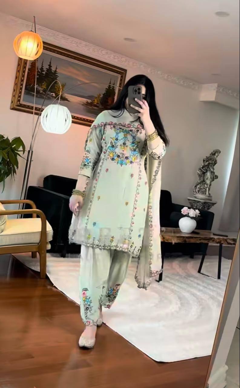 Elegant Chinnon Silk Dhoti Style Suit with Heavy Sequence Embroidery