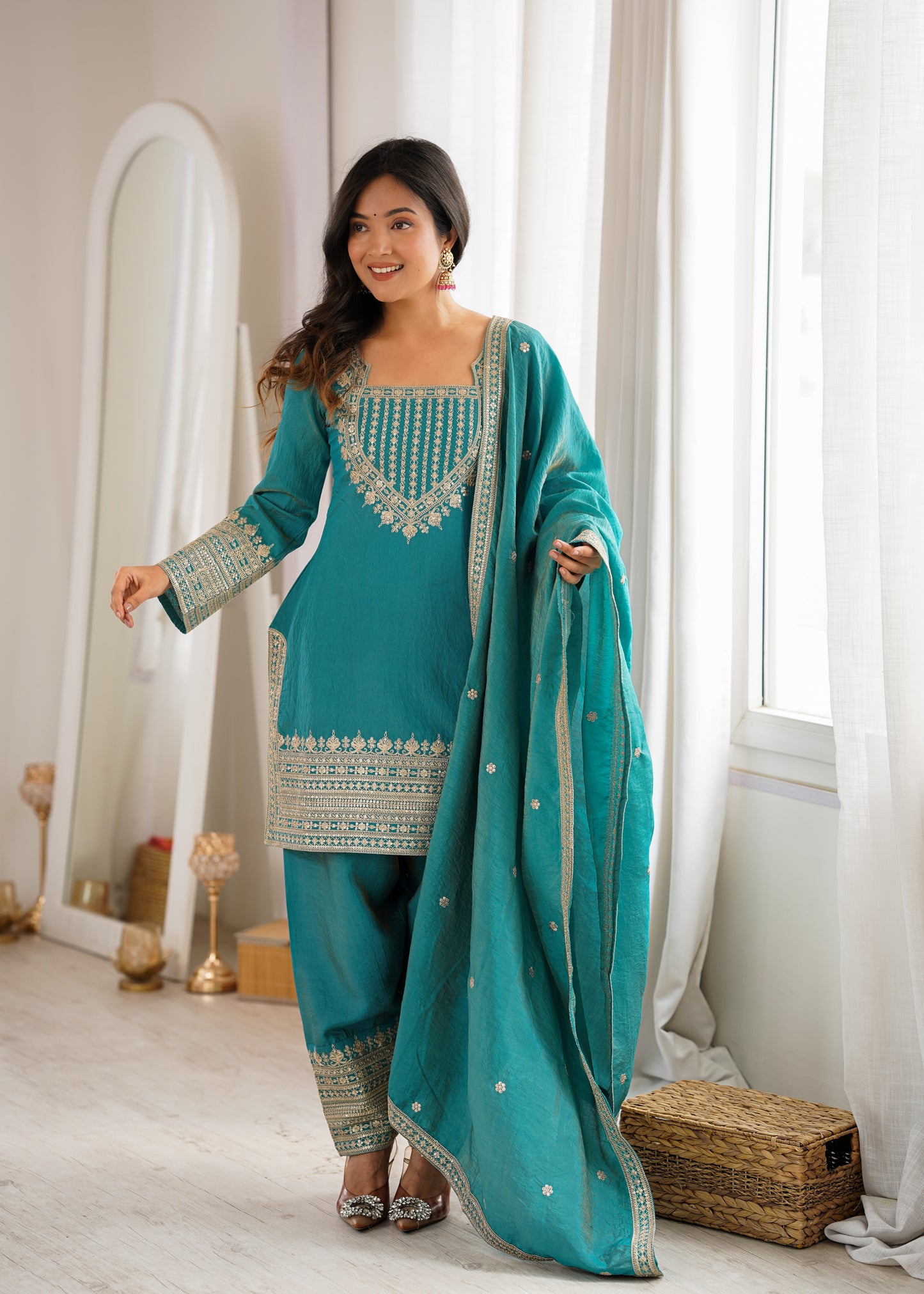 Party Wear NC Vichitra Silk Farshi Shalwar Set with Lace Dupatta