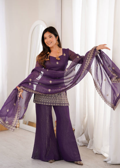 Elegant Crunchy Silk Kurta Set With Bell Bottom & Embroidery Dupatta