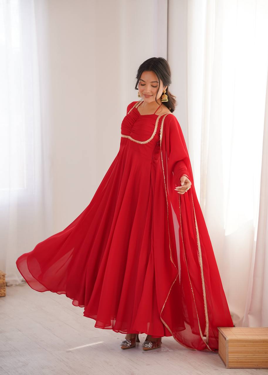 Premium Designer Fox Georgette Long Gown with Rich Flare & Lace Dupatta