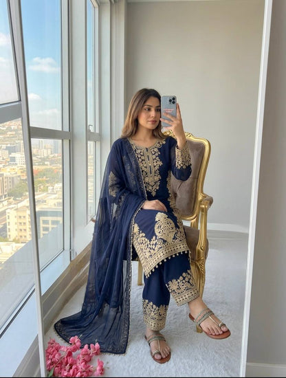 Luxury Faux Georgette Kurta Palazzo Set with Lace Dupatta