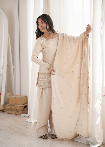 Designer Glass Roman Silk Embroidered Kurta with Farshi Shalwar & Dupatta Set