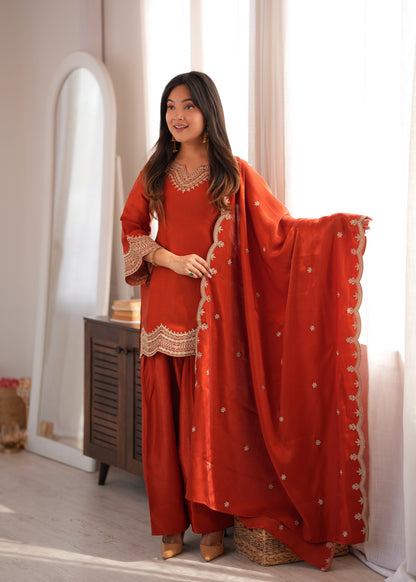 Designer Party Wear Farshi Suit Set | Glass Roman Silk | Ready to Wear