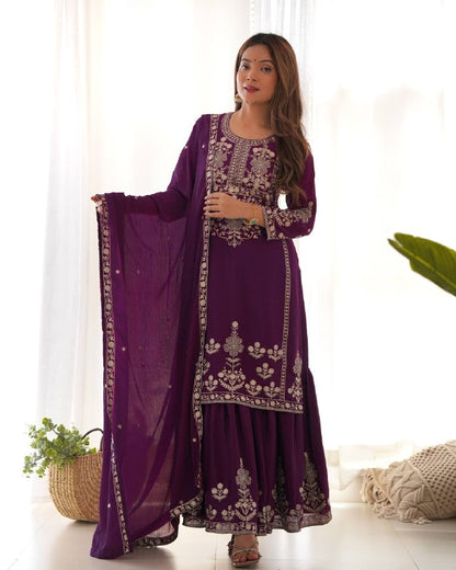 Designer Chinon Silk Kediyakurta with Sharara & Dupatta Set