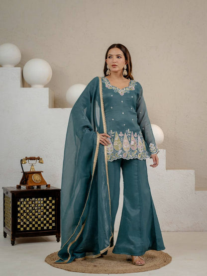 Heavy Crunchy Silk Embroidered Kurta Set with Palazzo & Dupatta