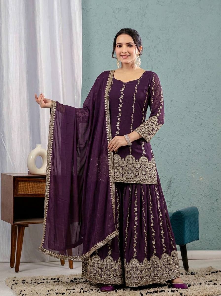 Women's Heavy Crunchy Silk Embroidered Sharara Suit Set with Sequins Work & Dupatta