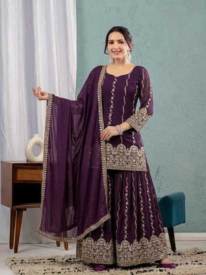 Women's Heavy Crunchy Silk Embroidered Sharara Suit Set with Sequins Work & Dupatta