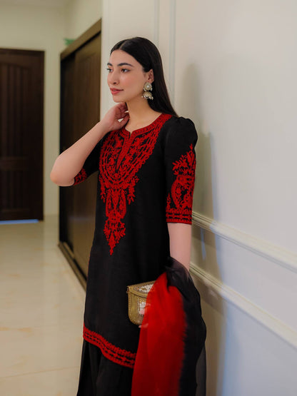 Elegant Chinon Silk Embroidered Kurta Palazzo Set with Dual Tone Dupatta
