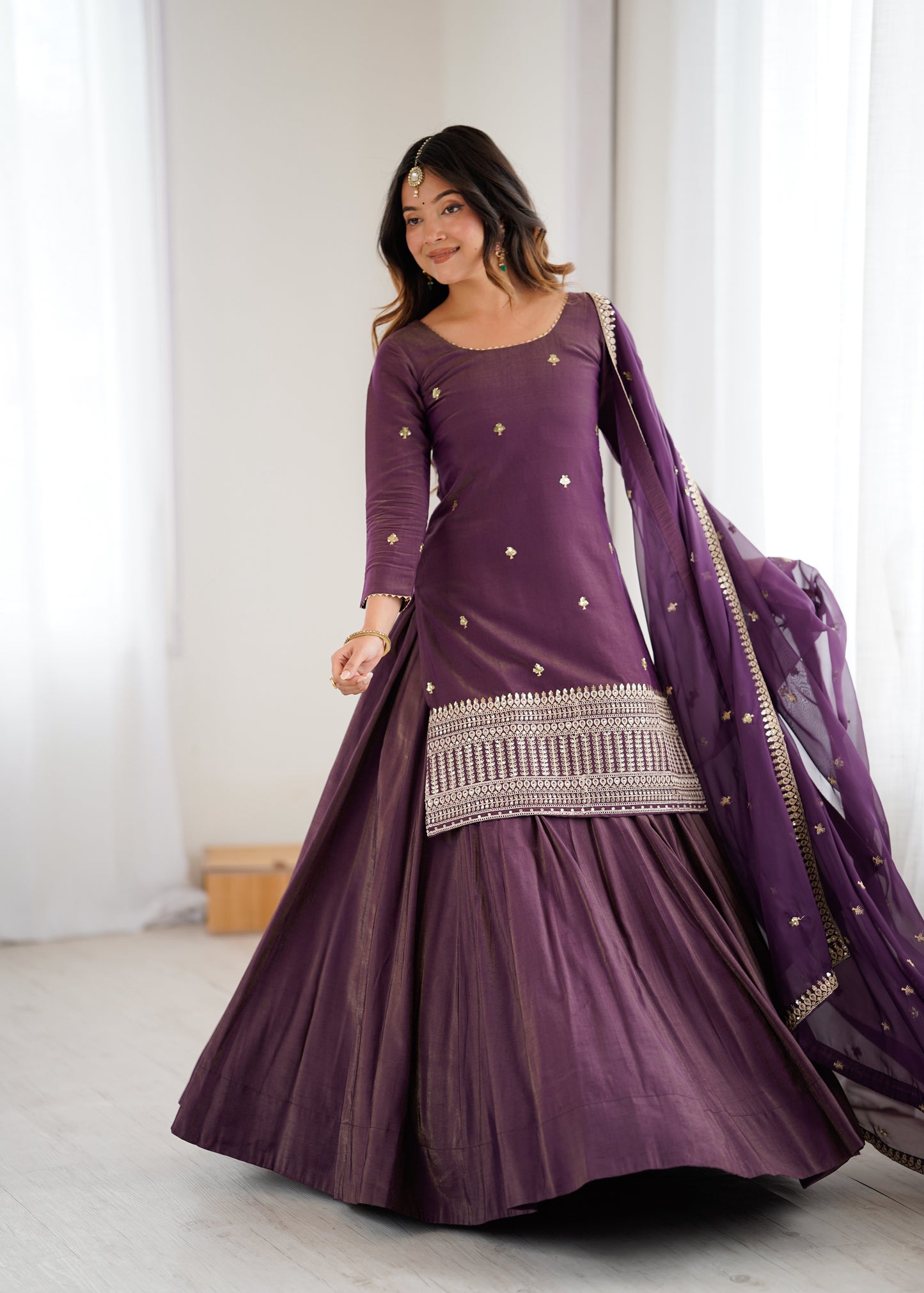 Premium Roman Shimmer Silk Kurta Lehenga Set for Women