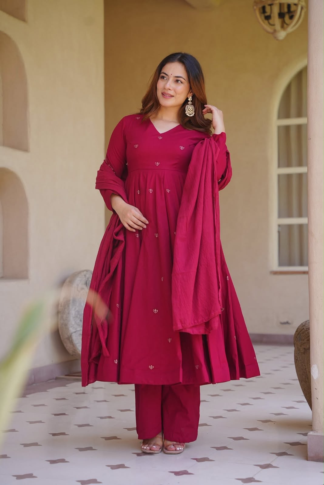 Heavy Roman Silk Embroidered Anarkali Kurta Set with Palazzo & Chanderi Silk Dupatta