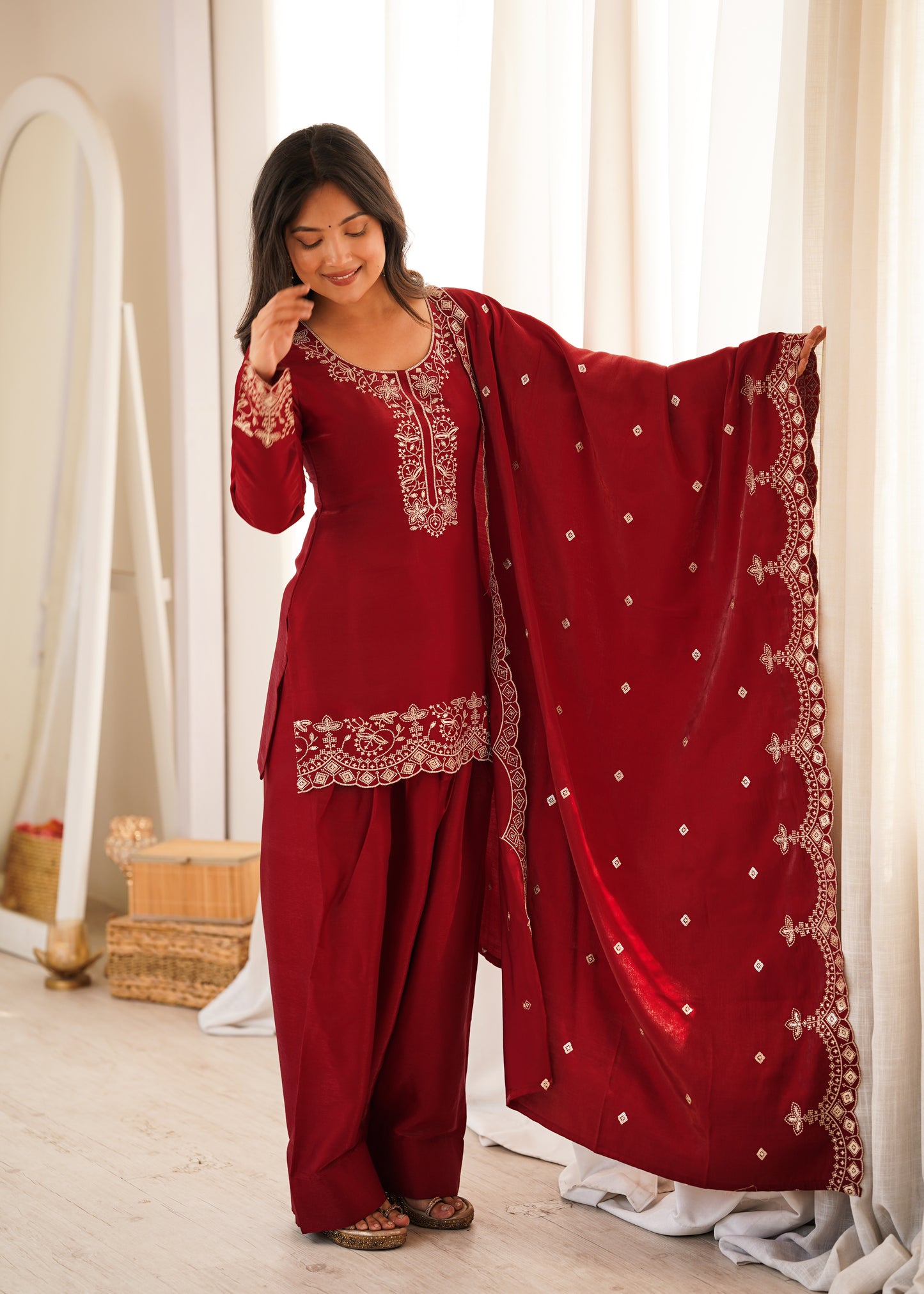 Elegant Glass Roman Silk Kurta Farshi Shalwar Set with Embroidered Dupatta
