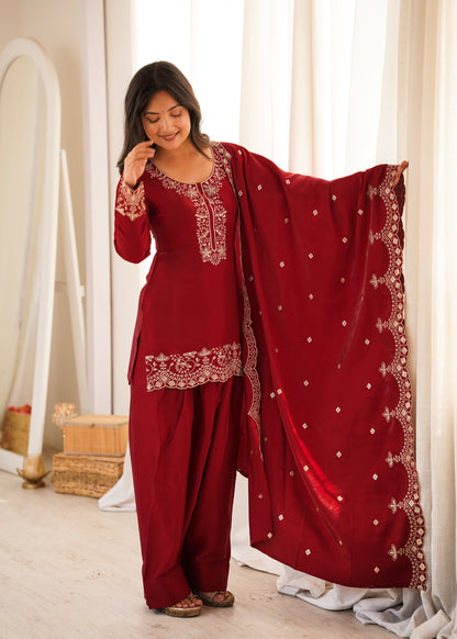 Elegant Glass Roman Silk Kurta Farshi Shalwar Set with Embroidered Dupatta