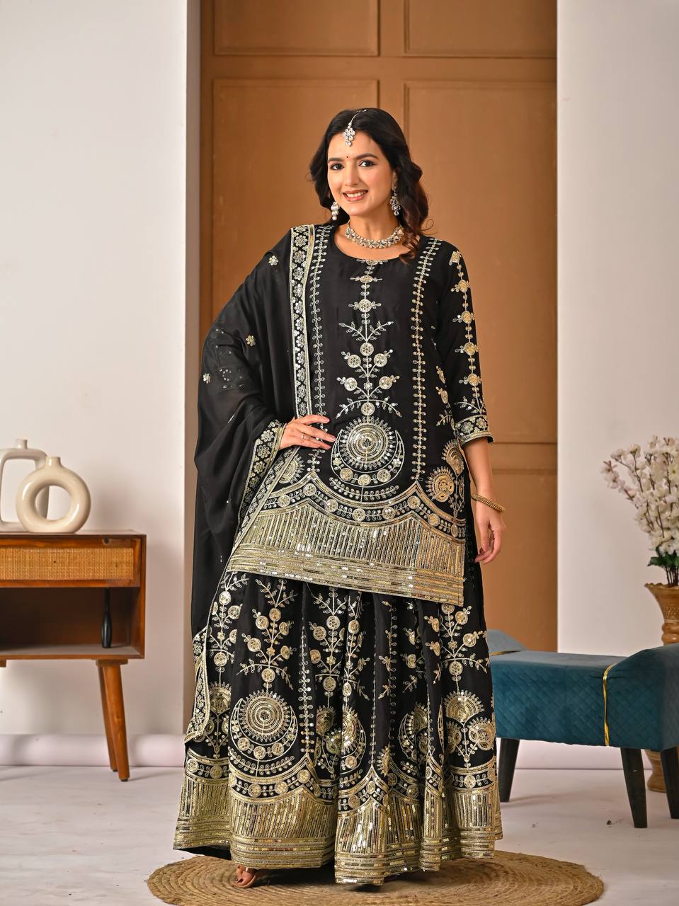 Designer Heavy Vichitra Silk Sharara Palazzo Set