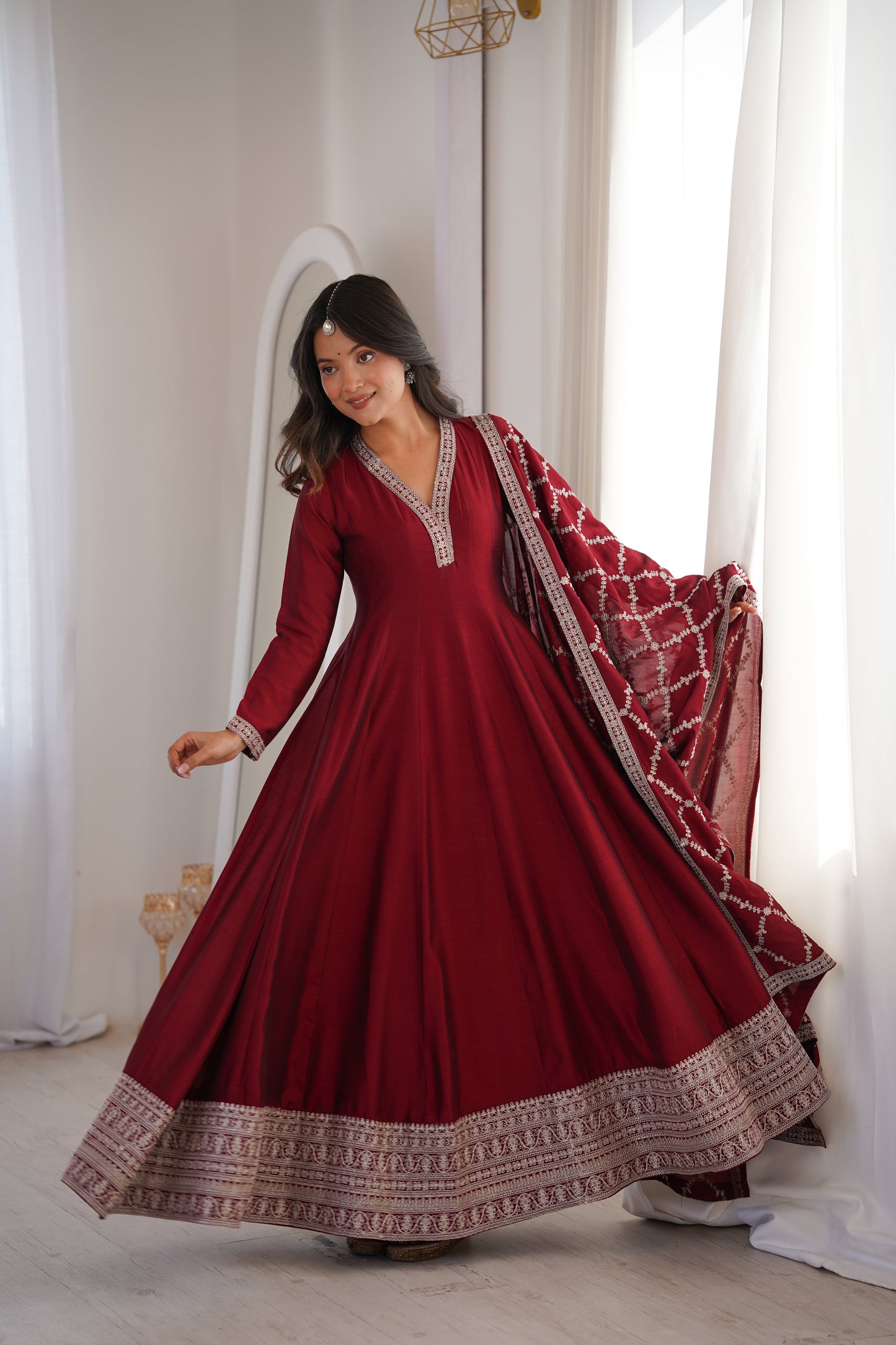 Royal Blooming Vichitra Silk Full Kali Anarkali Gown Set