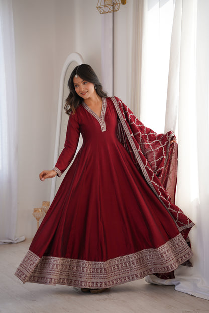 Royal Blooming Vichitra Silk Full Kali Anarkali Gown Set