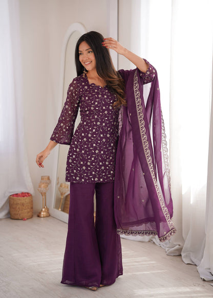 Designer Crunchy Silk Kurta Bell Bottom Set With Embroidery Sequence & Zari Work Dupatta