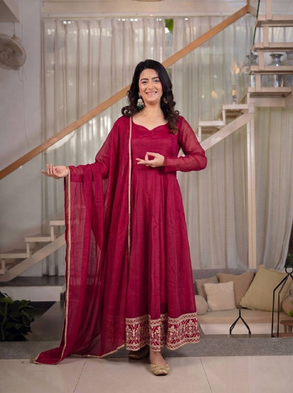 Heavy Crunchy Silk Embroidered Anarkali Kurta Set with Pant & Dupatta