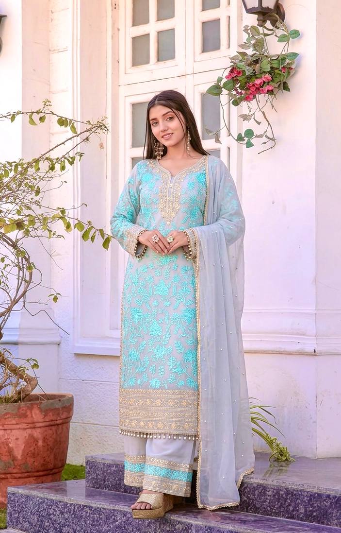 Elegant Faux Georgette Embroidered Kurta Plazzo Set with Dupatta