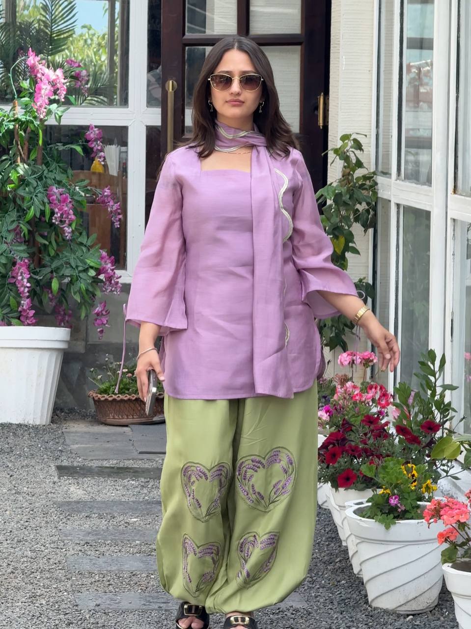 Designer Mal Chanderi Cotton Top With Embroidered Balloon Pant & Dupatta Set