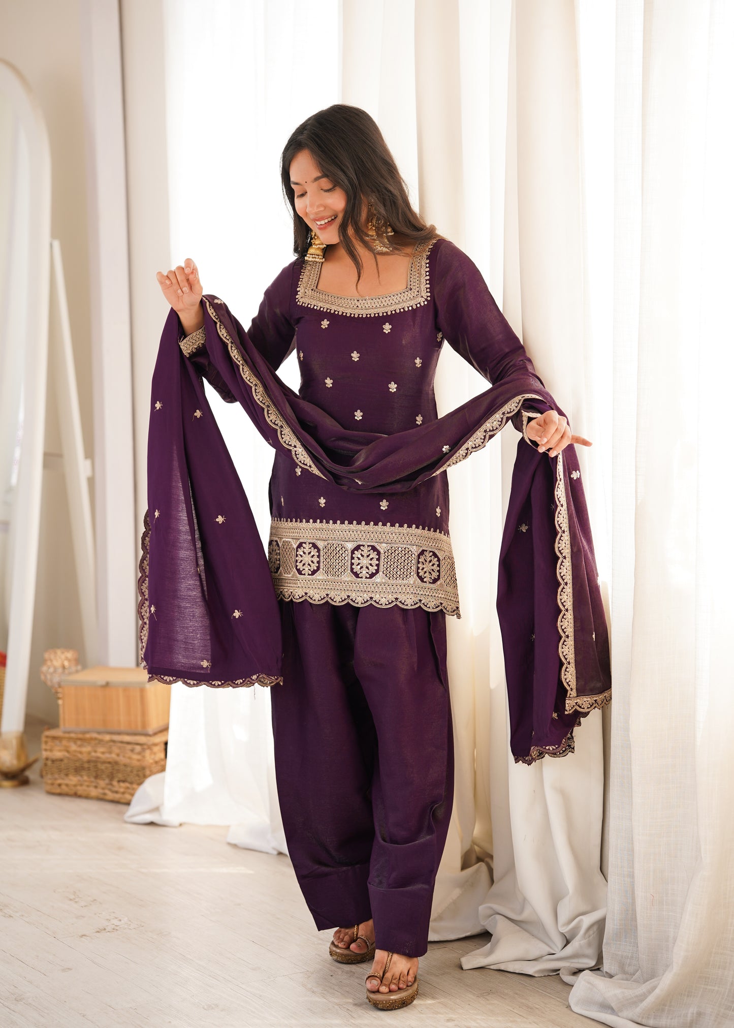 Premium Glass Roman Silk Embroidered Kurta Farshi Shalwar Set with Dupatta