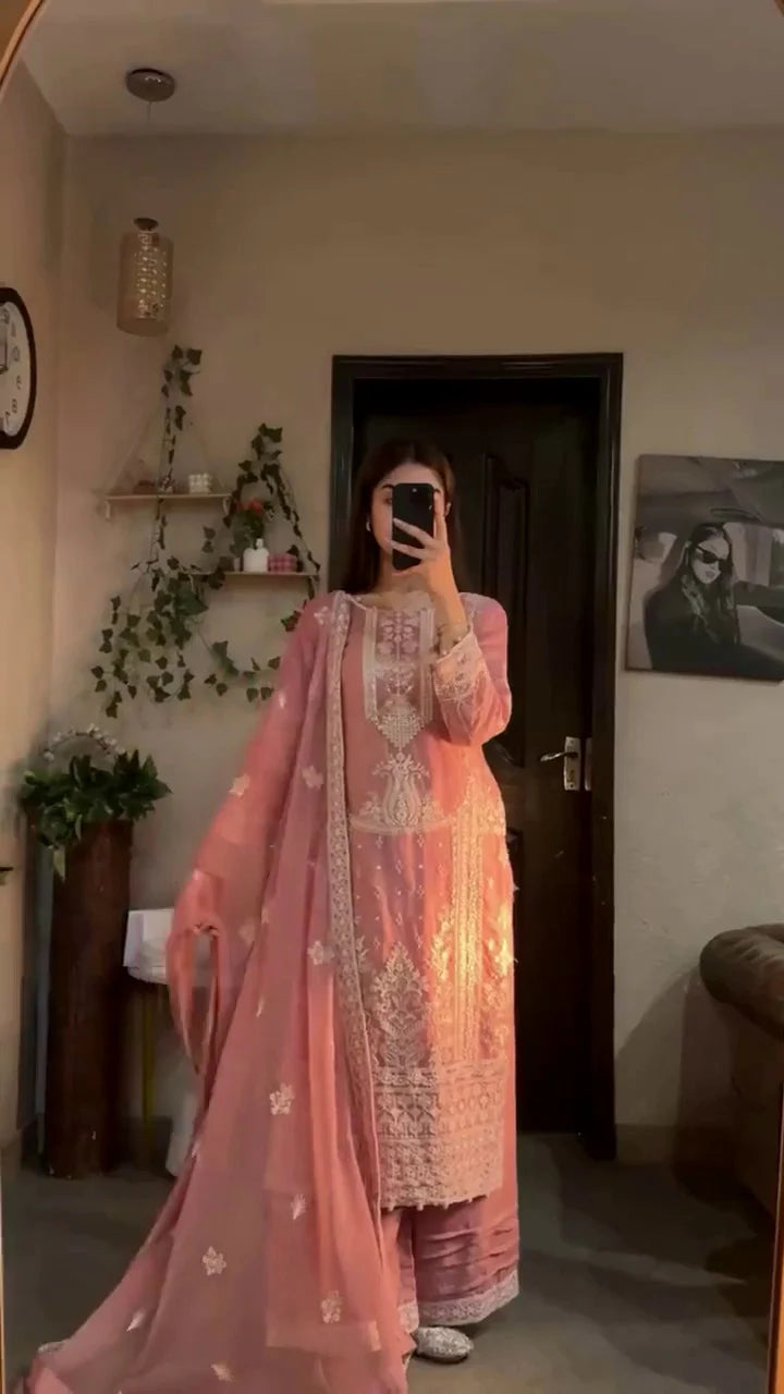 Peach Embroidered Kurta Palazzo Set with Dupatta – Elegant Festive Wear