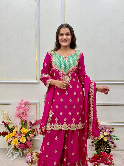 Chinon Silk Embroidered Mirror Work Palazzo Suit Set with Dupatta