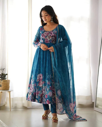 Pure Soft Organza Silk Fully Flared Kali Cut Anarkali Suit Set with Dupatta & Pant