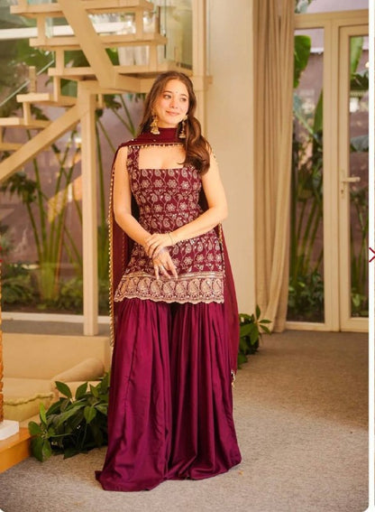 Women's Faux Georgette Embroidered Sharara Suit Set with Dupatta