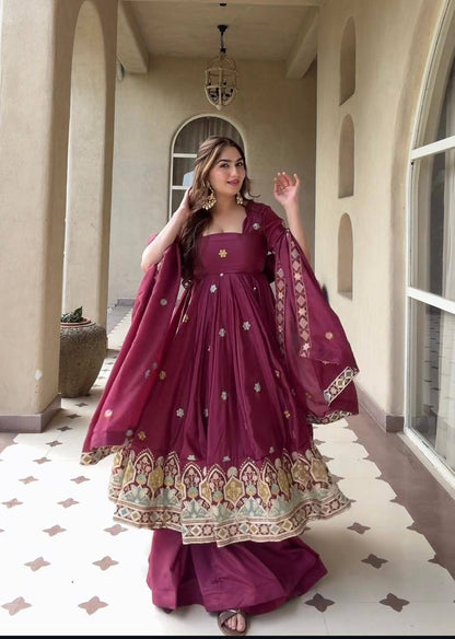 Heavy Natural Crepe Silk Embroidered Anarkali Suit Set with Palazzo & Dupatta