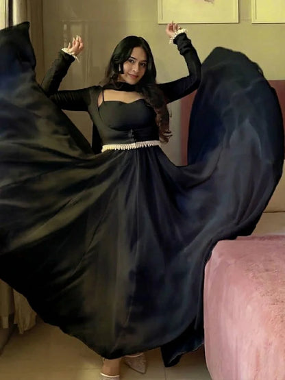 Elegant Designer Faux Georgette Maxi Anarkali Suit Set With Koti & Dupatta