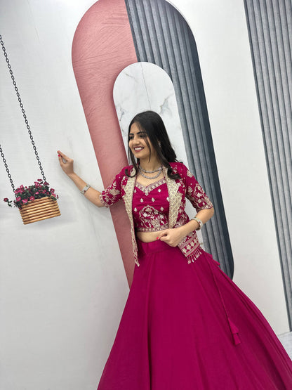 Designer Chinon Crop Top Lehenga Set with Heavy Embroidery Jacket
