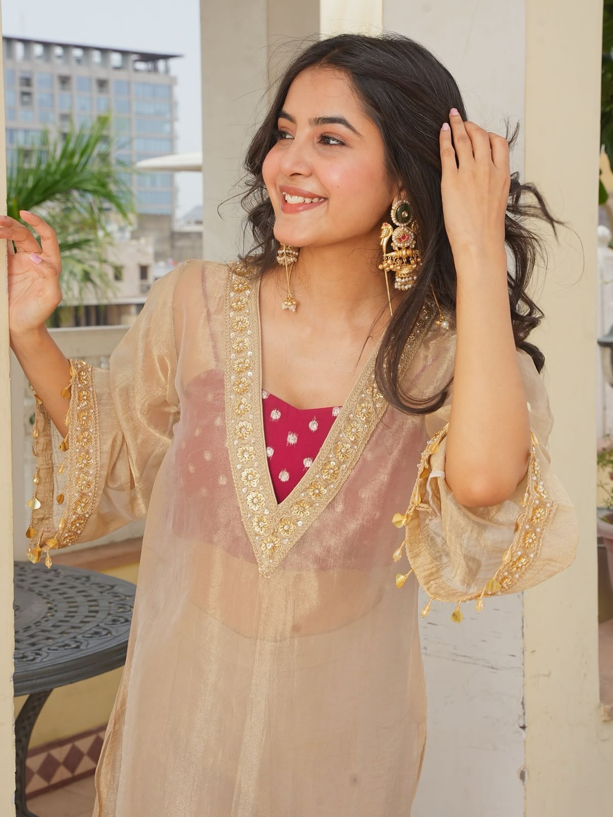 Golden Tissue Kurta Set with Embroidered Blouse & Palazzo