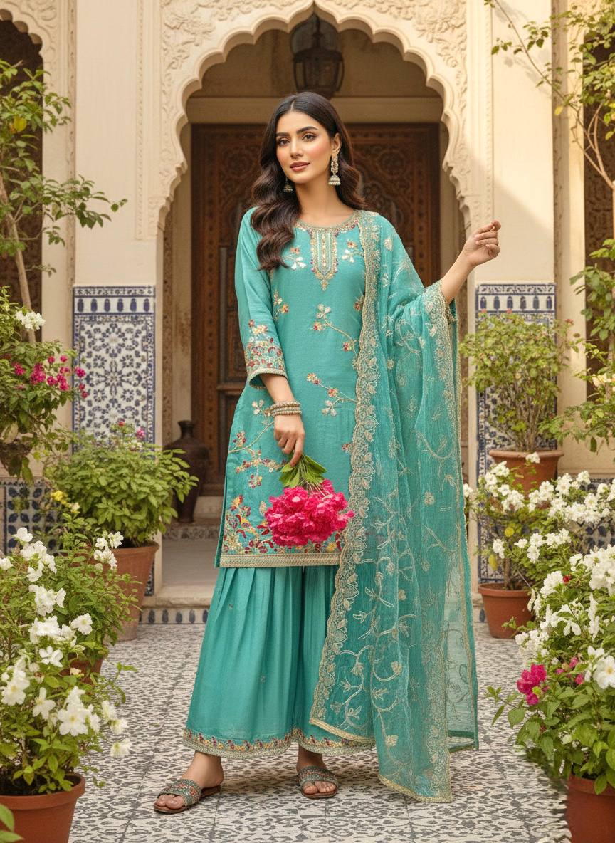 Designer Sequence Work Silk Suit with Fancy Bell Sleeves
