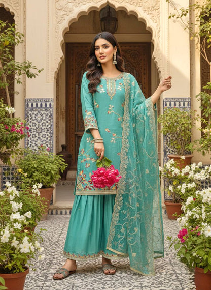 Designer Sequence Work Silk Suit with Fancy Bell Sleeves