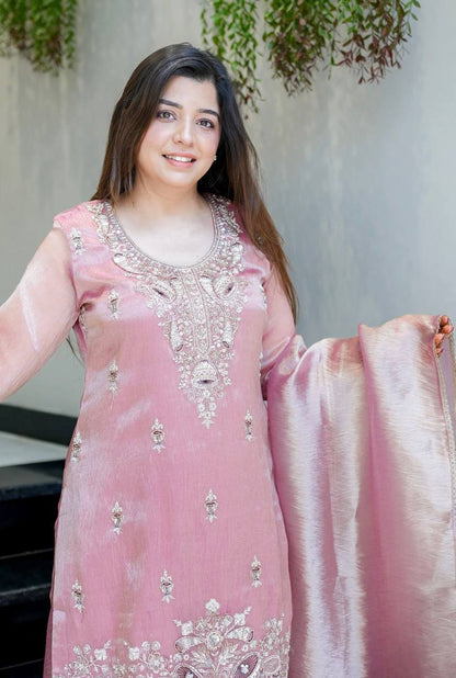 Elegant Heavy Embroidered Satin Suit Set for Women