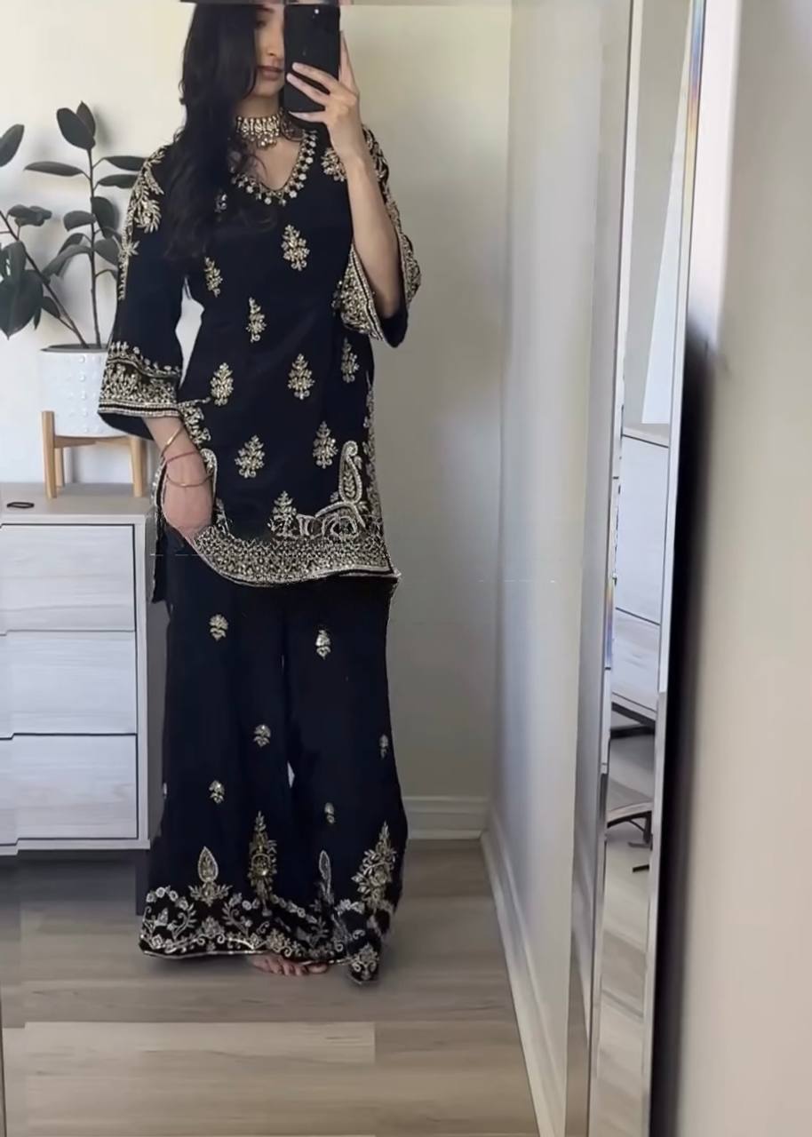 Heavy Chinnon Silk 5mm Sequence Embroidered Palazzo Suit With Dupatta