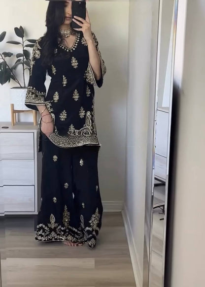 Heavy Chinnon Silk 5mm Sequence Embroidered Palazzo Suit With Dupatta