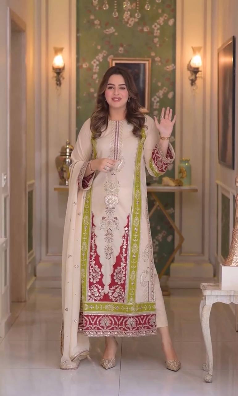 Premium Roman Silk Embroidered Kurta Set