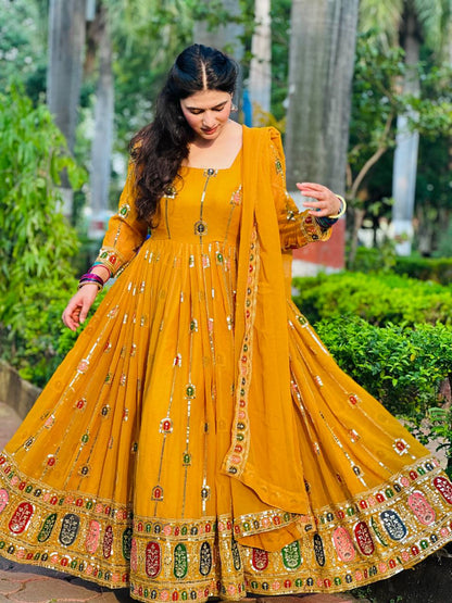 Women’s Faux Georgette Anarkali Suit with 5mm Sequins Embroidery Work, Fully Stitched, Party Wear Set with Dupatta & Pant