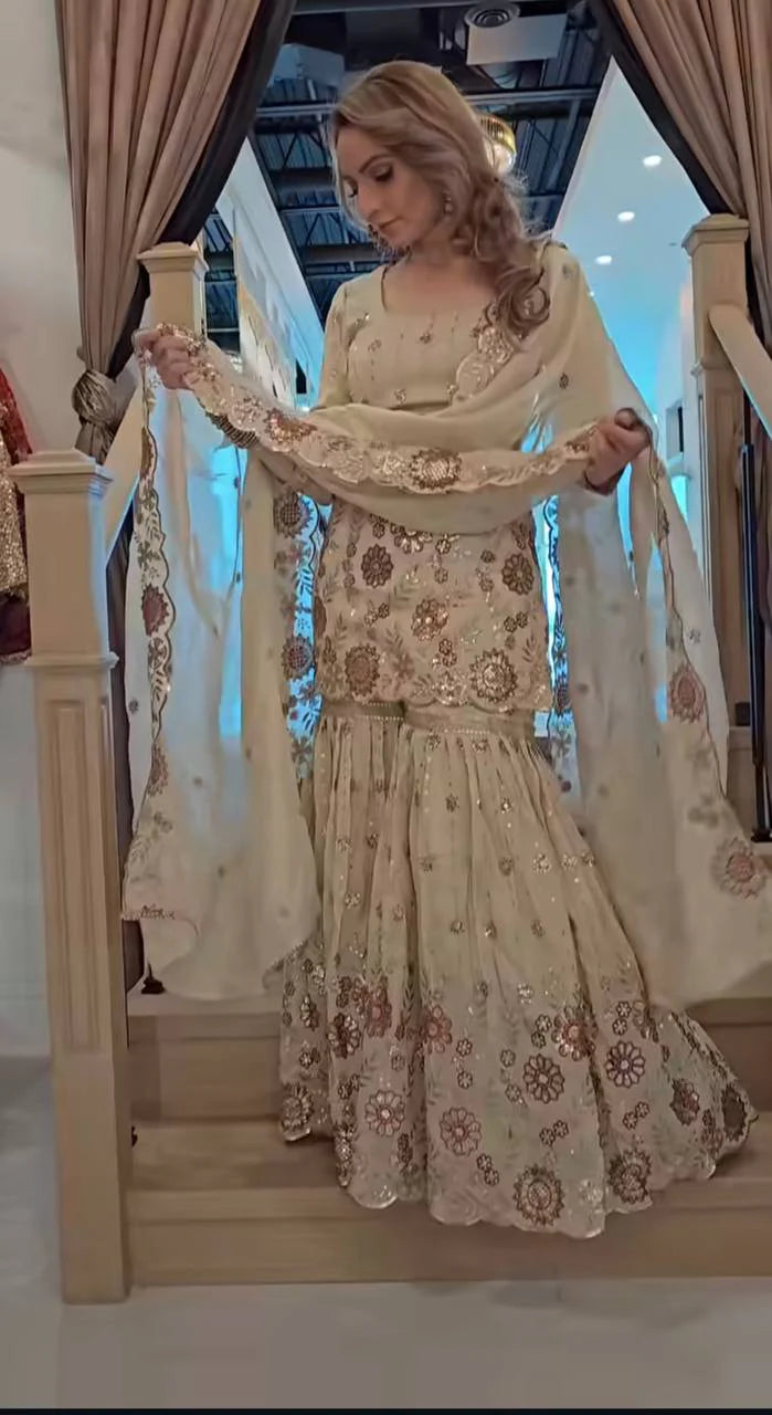 Designer Heavy Chinnon Silk Sequin Embroidered Sharara Palazzo Set with Dupatta