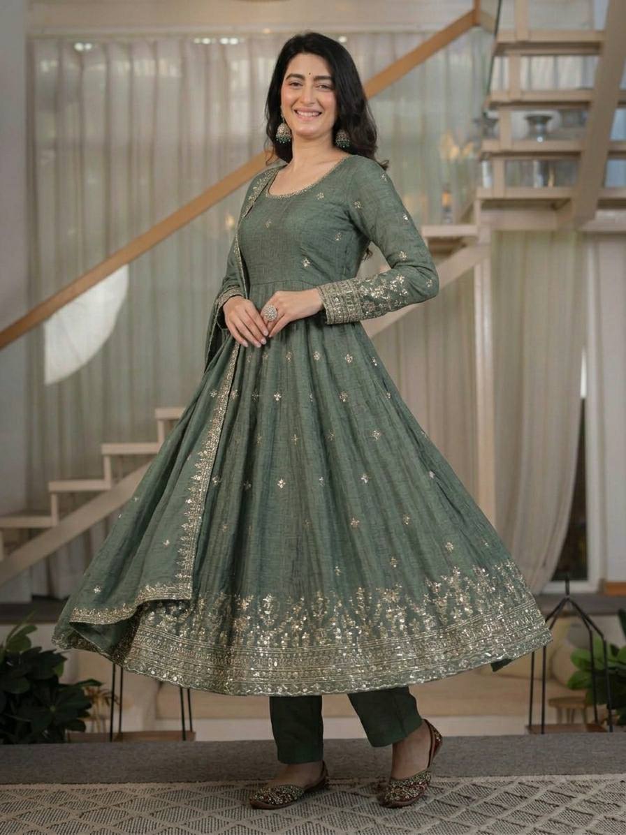 Women's Heavy Crunchy Silk Anarkali Suit Set with Embroidered Dupatta