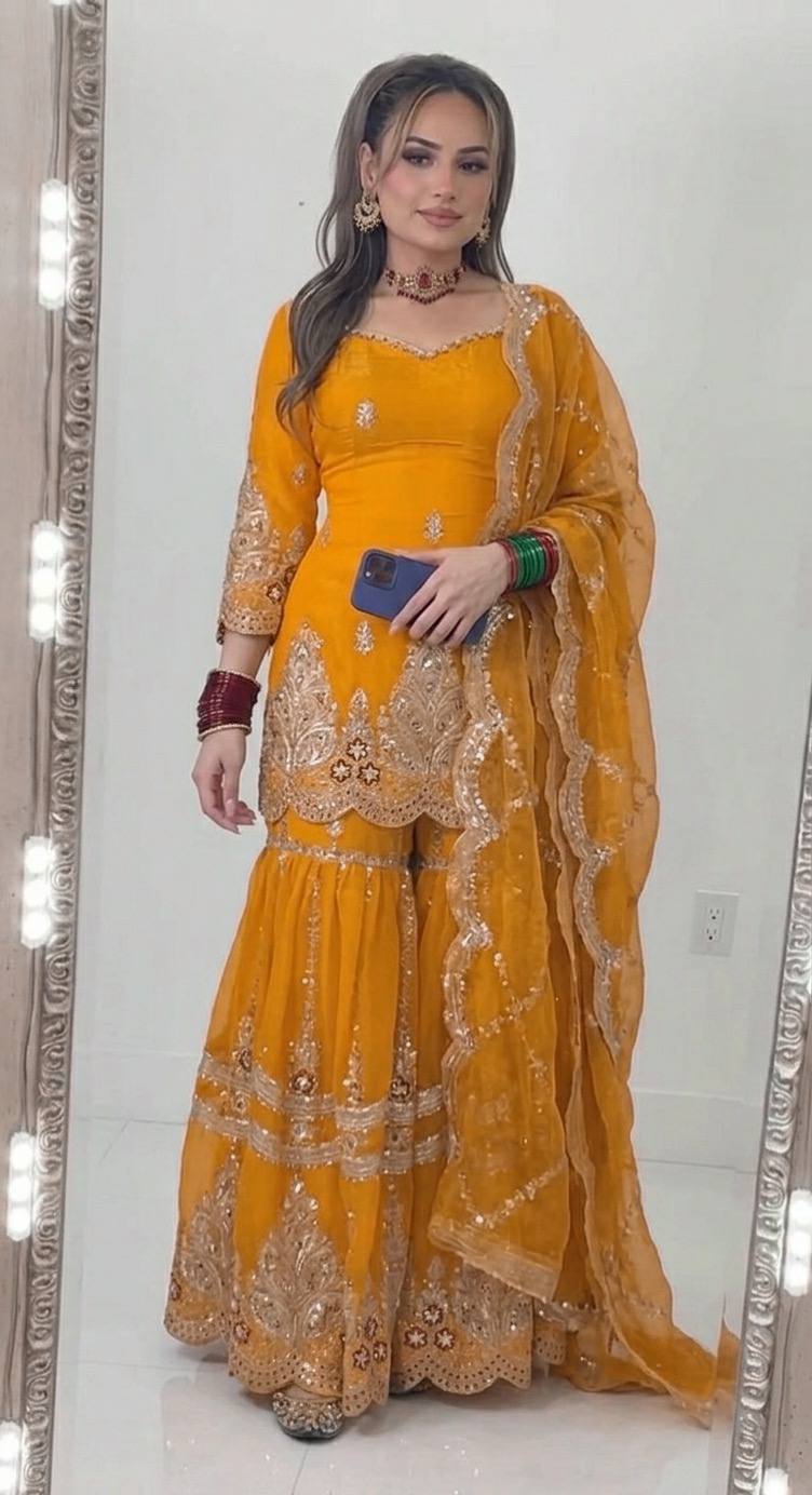 Mustard Designer Sharara Suit Set | Heavy Fandy Crush with 5mm Sequin & Embroidery Work