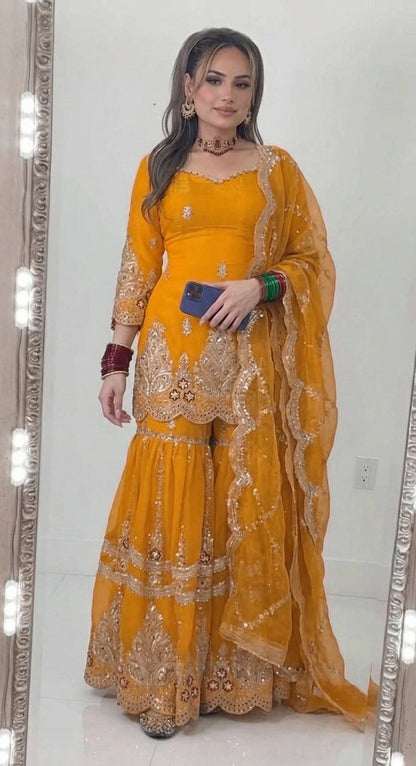 Mustard Designer Sharara Suit Set | Heavy Fandy Crush with 5mm Sequin & Embroidery Work