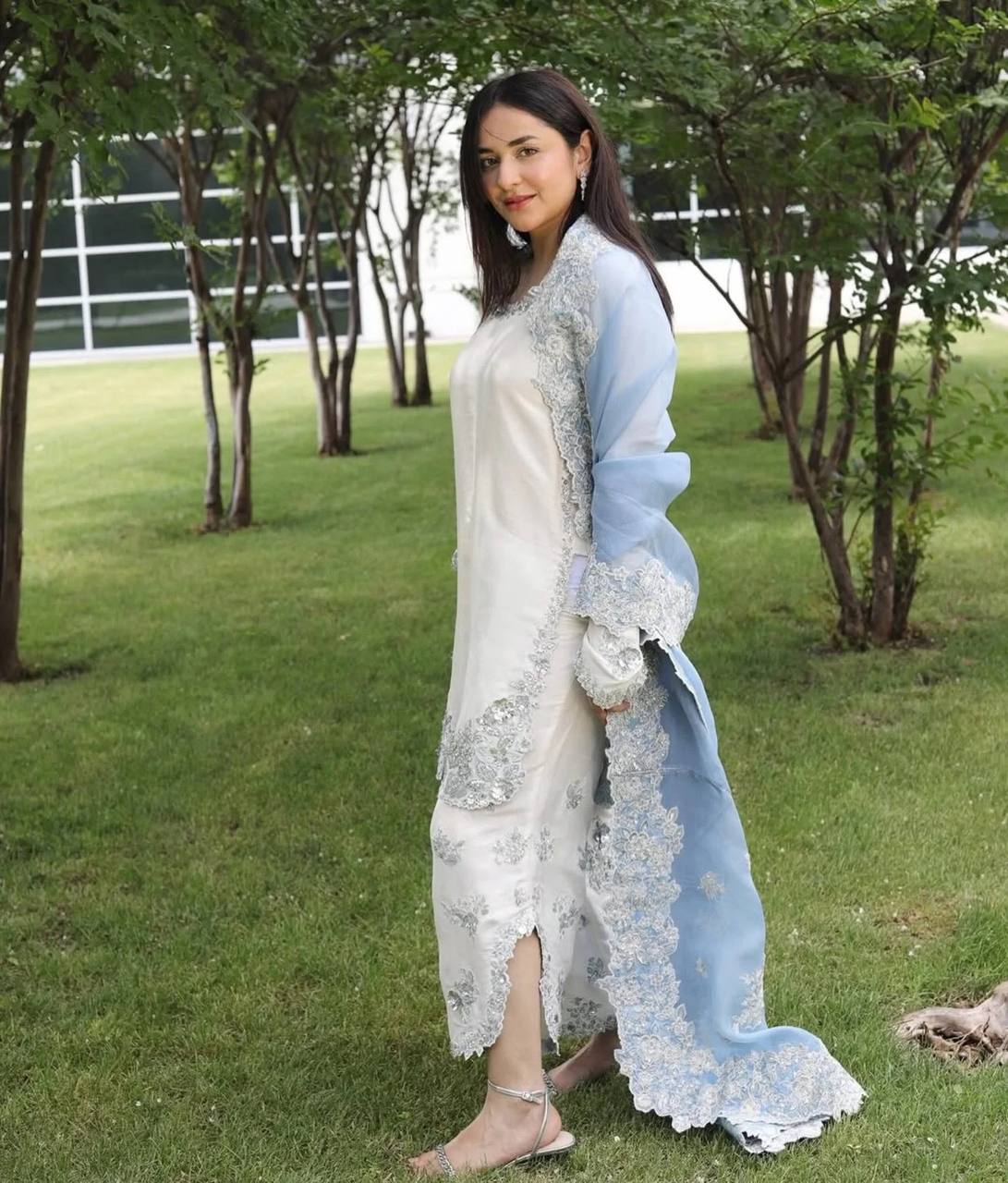 Elegant Roman Glass Embroidered Kurta Palazzo Set with Organza Dupatta