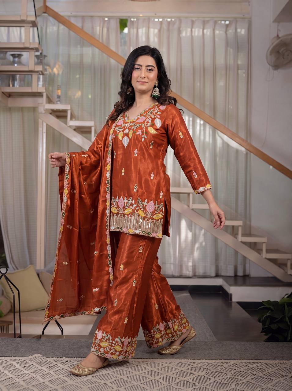 Premium Sindoori Satin Silk Embroidered Palazzo Suit Set for Women