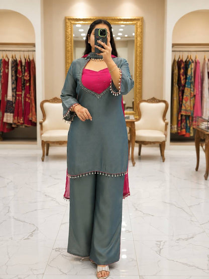 Women's Roman Glass Silk Mirror Work Kurti Palazzo Set with Bustier & Fendy Silk Dupatta